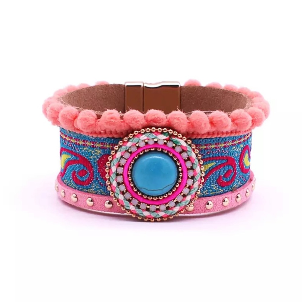 Boutique Magnetic Ribbon & Pom Pom Cuff Bracelet Pink Turquoise